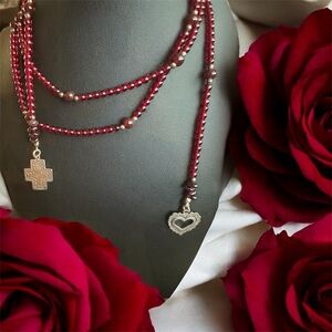 Vintage Elegant Red Beaded Necklace with Silver Charms